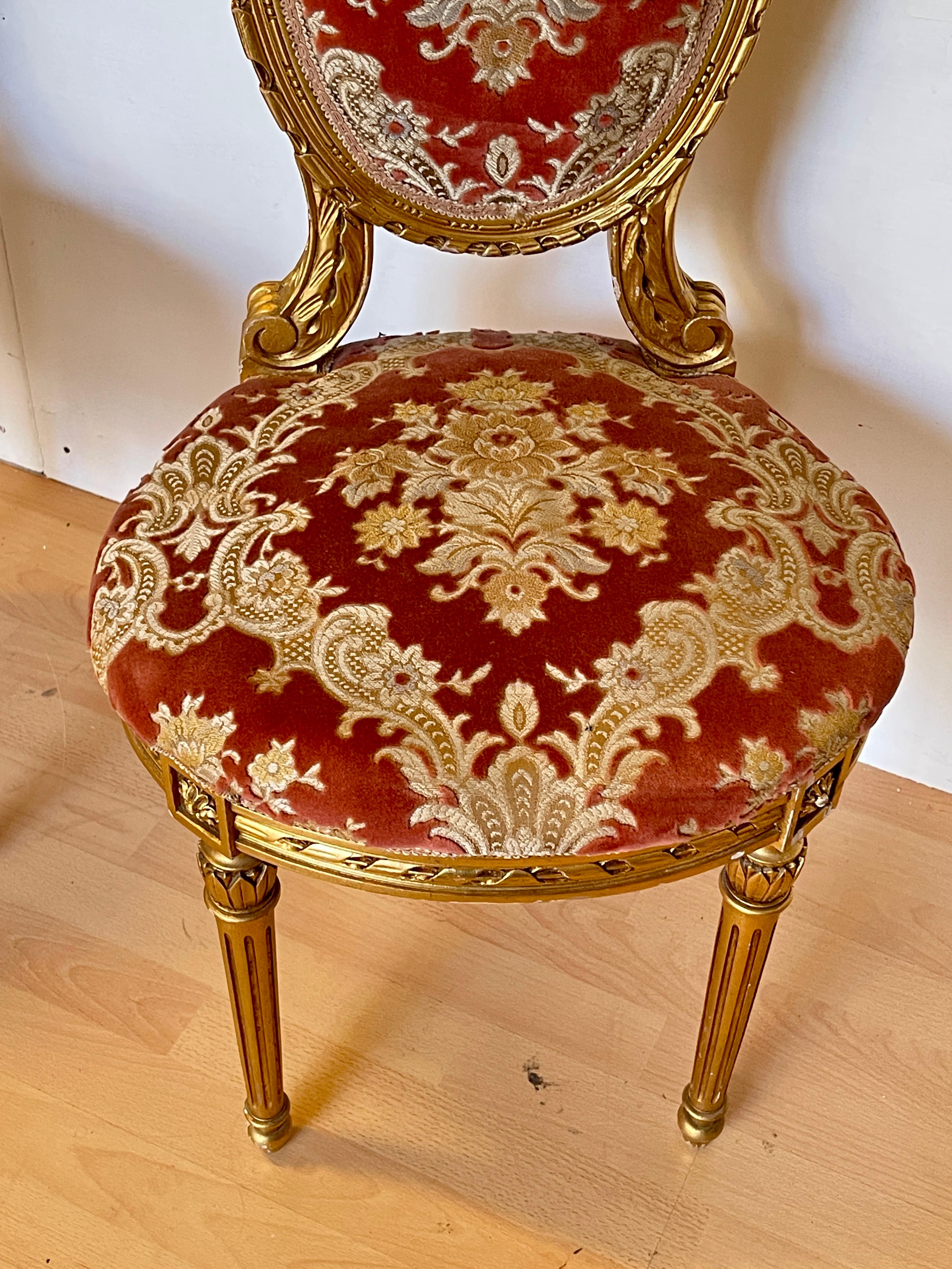 Hand-Crafted Pair of Chairs in Louis XVI Style - Gilded Carvings and Baroque Upholstery For Sale