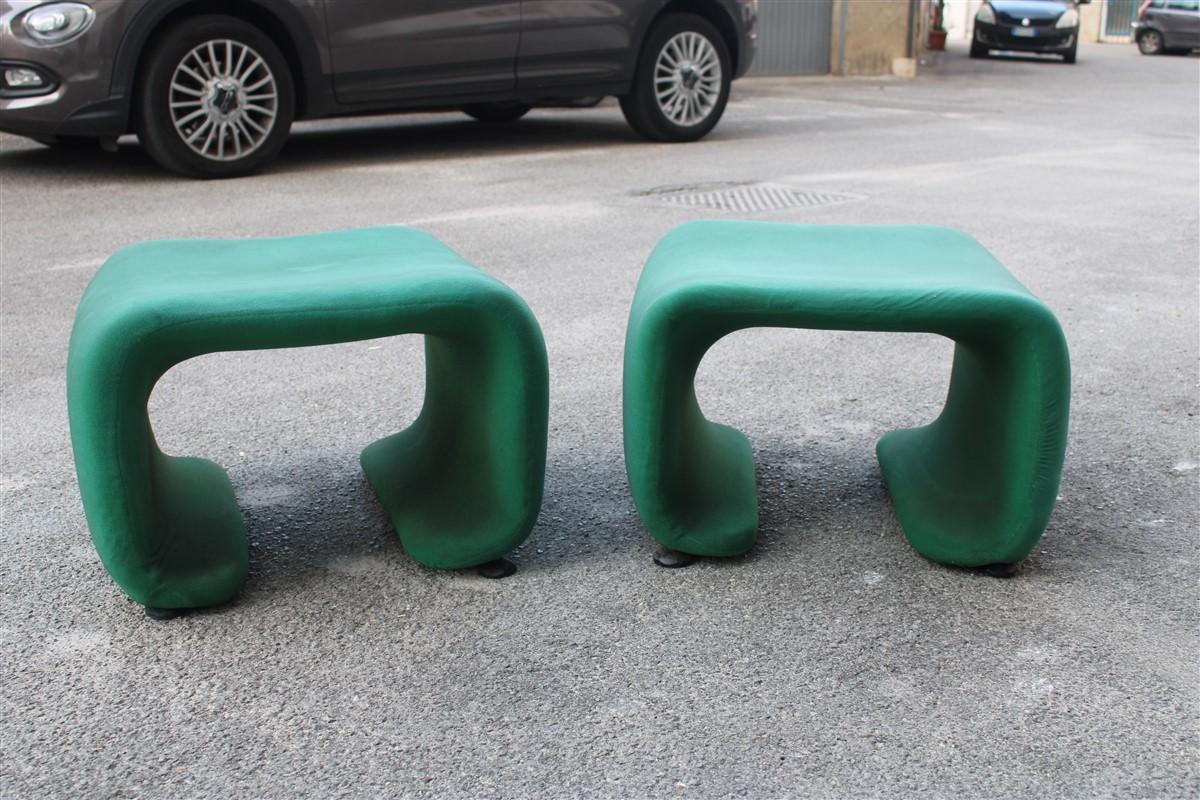 Pair of French stools in original green fabric, probable manufacture of pierre paulin Franci 1970s 