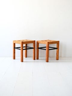 Pair of vintage Scandinavian stools with woven seat