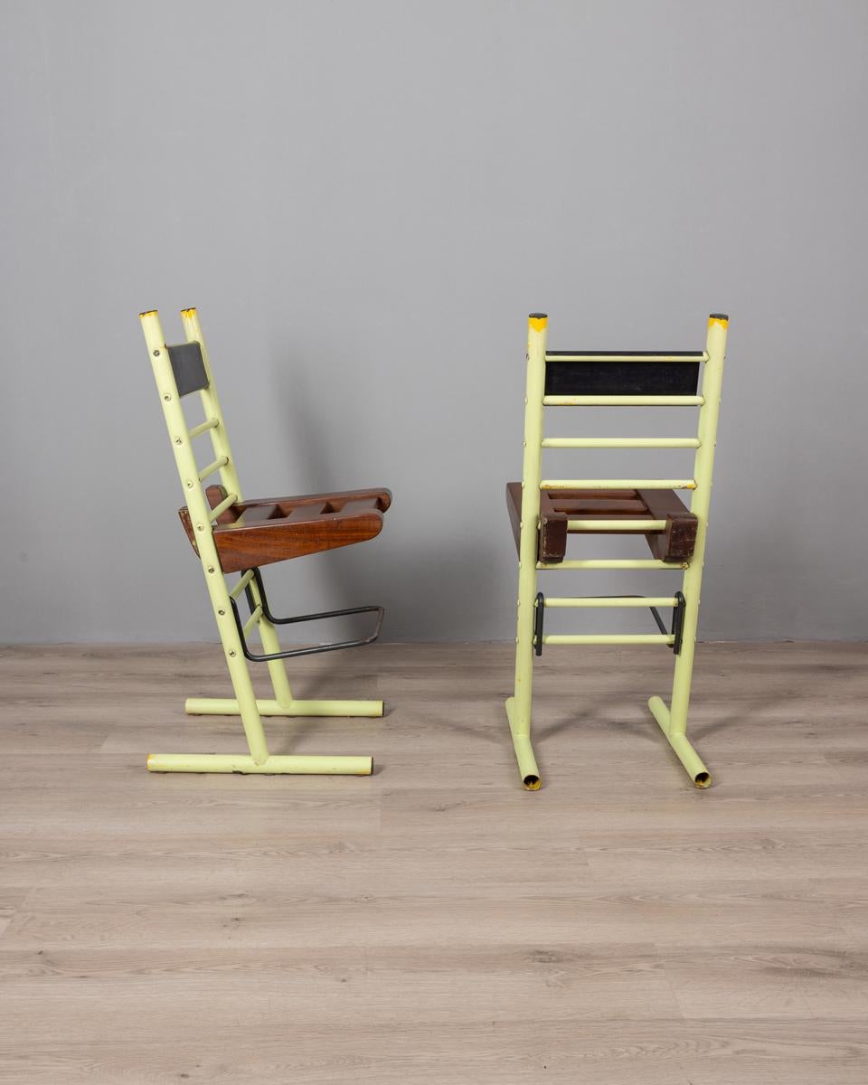 Industrial Pair of vintage 1970s iron and wood stools Italian design For Sale