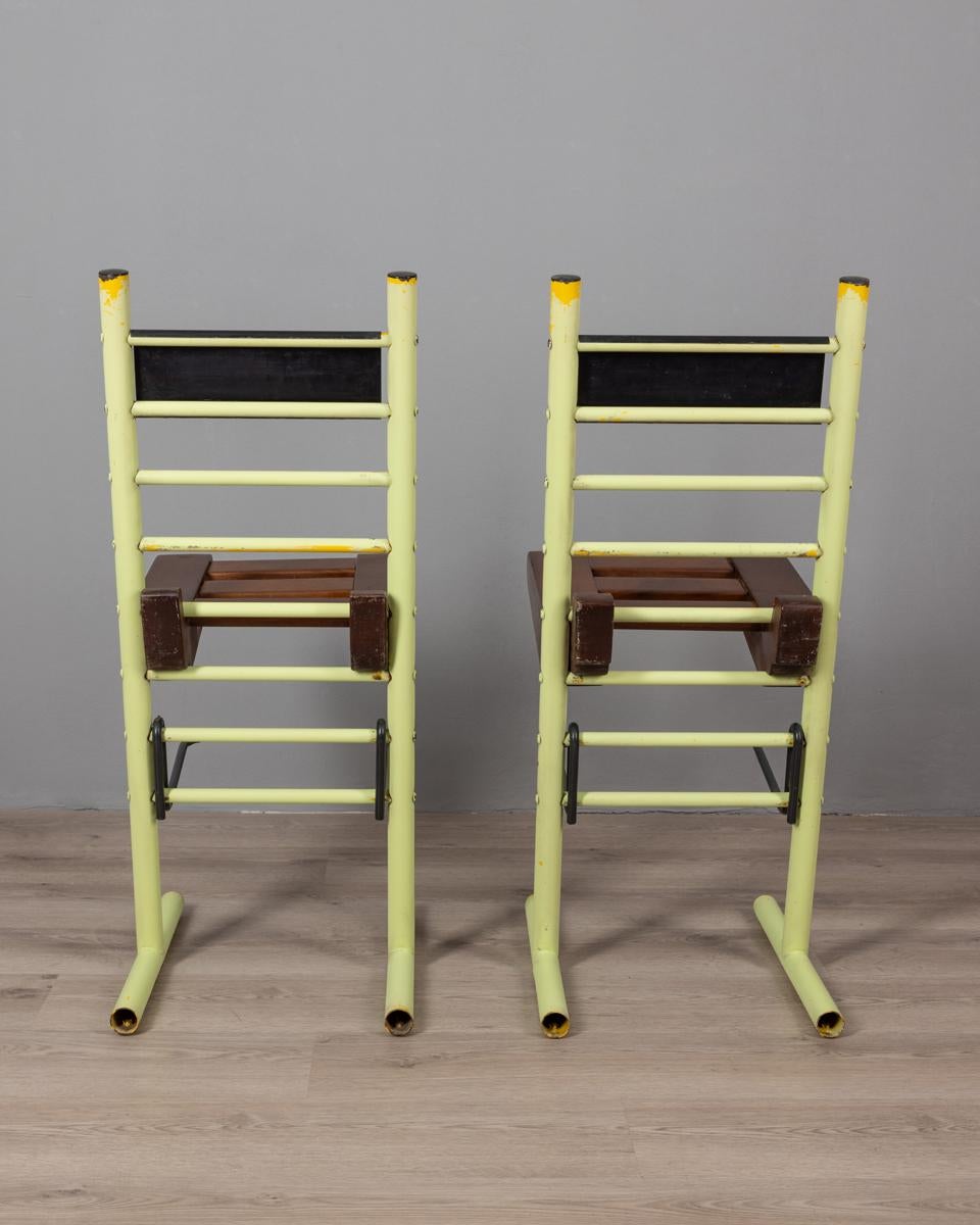 Pair of vintage 1970s iron and wood stools Italian design In Good Condition For Sale In None, IT