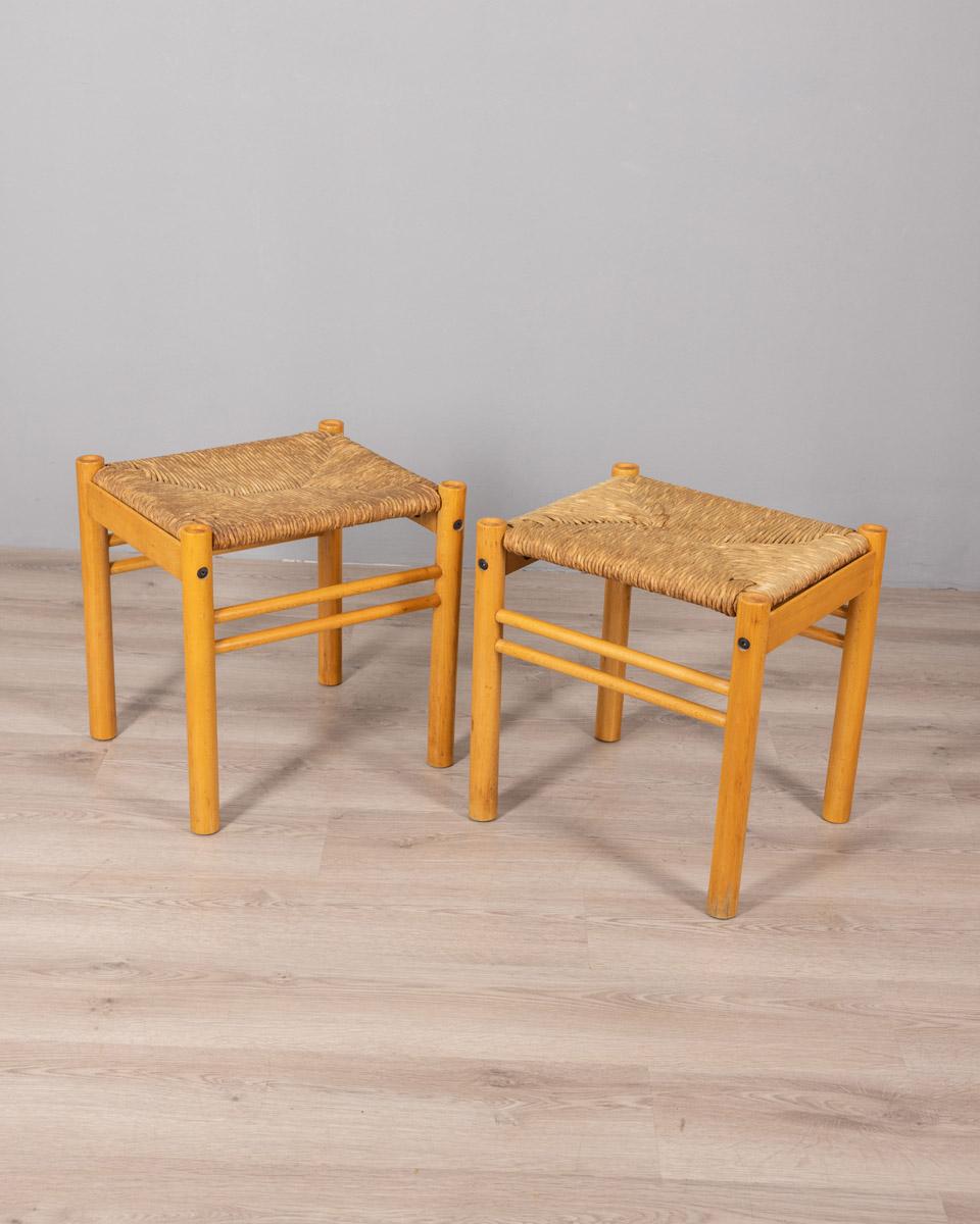 Pair of stools with lacquered wood frame and rope seat, design Hibiscus, 1970s.

CONDITION:
In good condition, may show signs of wear given by time.

SIZING: 
Height 45 cm; width 45 cm;  Length 38 cm;  

MATERIALS: 
Wood and Rope

YEAR MANUFACTURED: