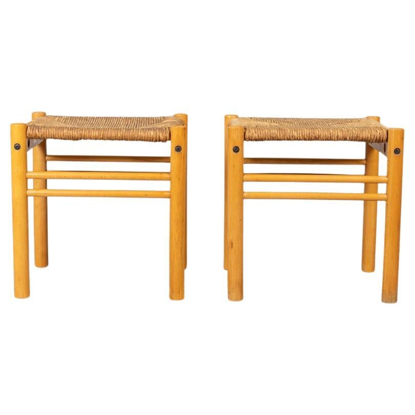 Coppia di sgabelli vintage anni 70 in legno e corda design Ibisco