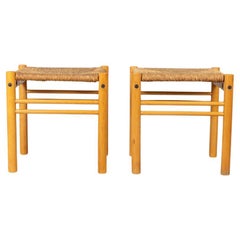 Pair of vintage 1970s wood and rope stools design Hibiscus