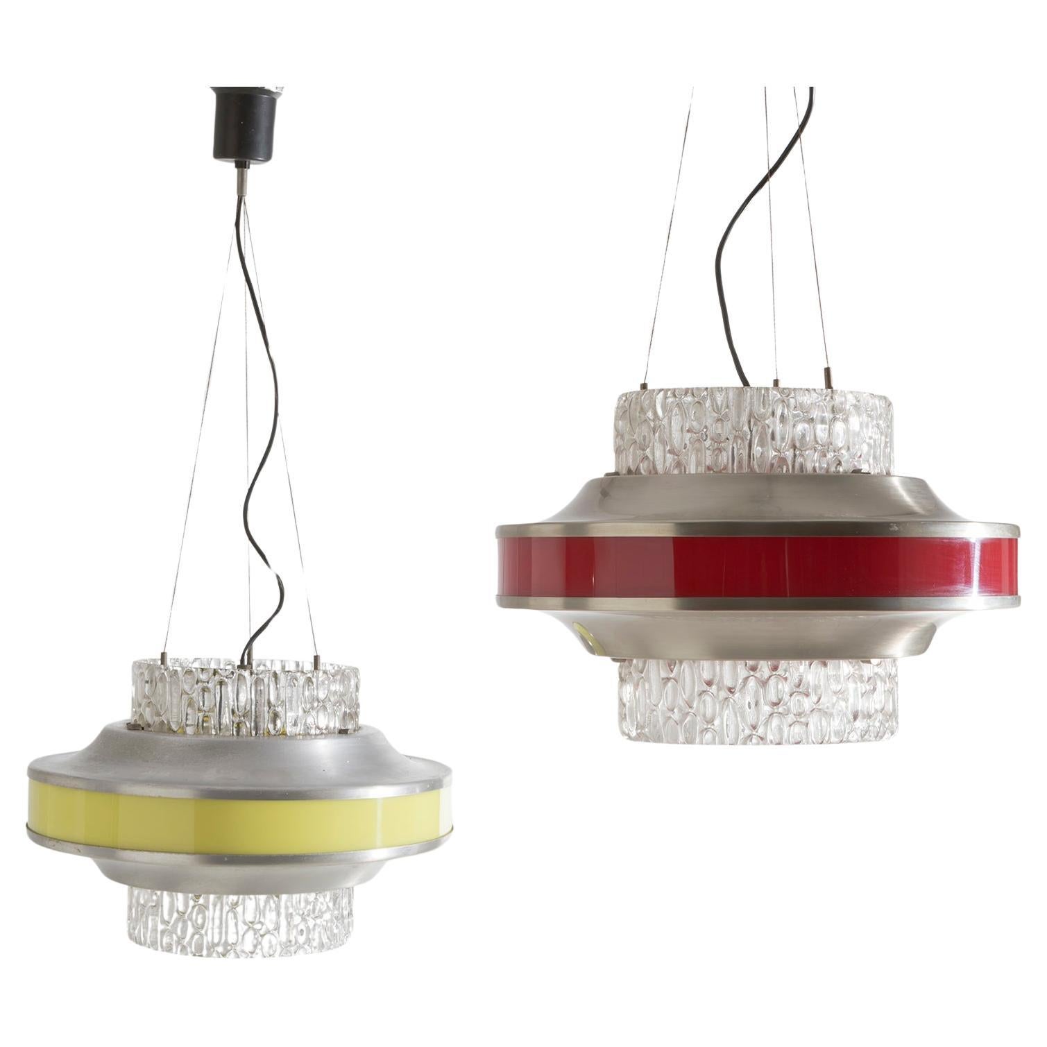 Pair of glass and colored plexiglass suspension lamps by Goffredo Reggiani For Sale