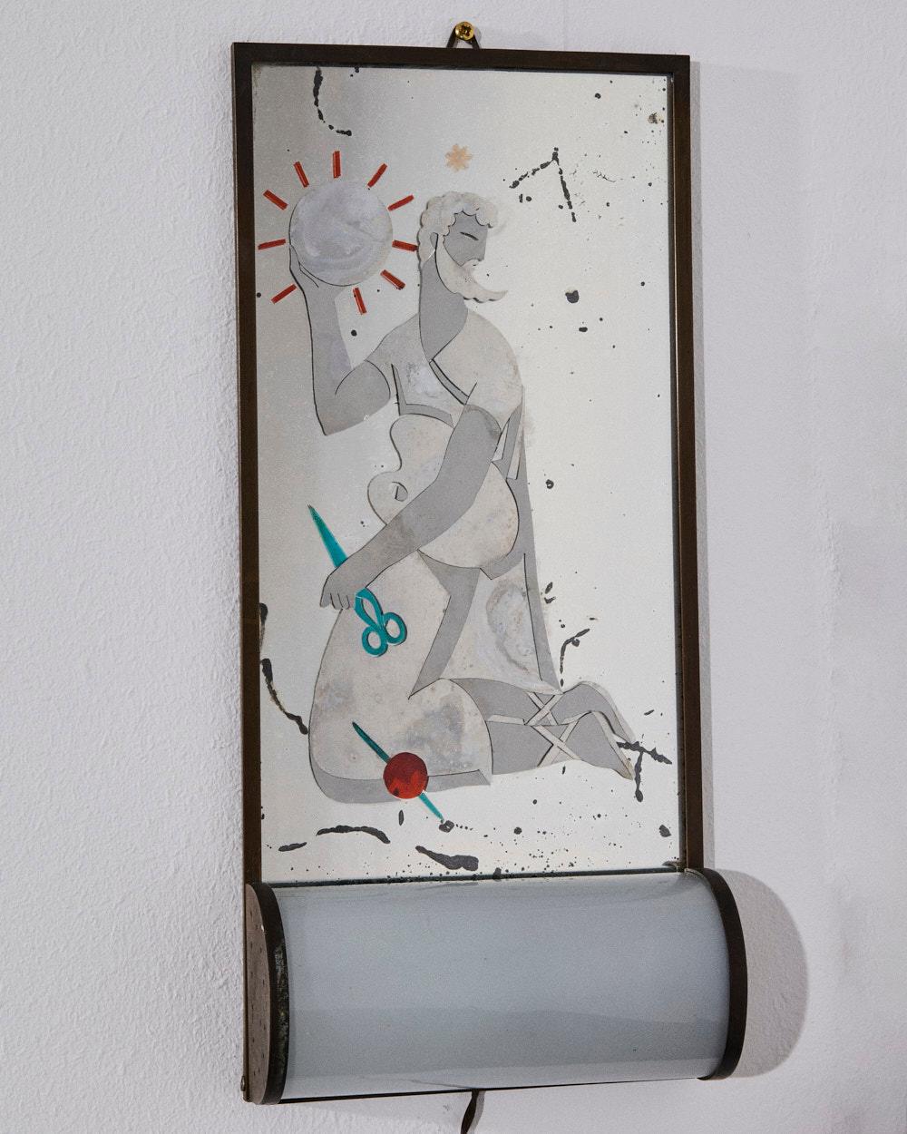 Paire de miroirs lumineux art déco italiens, datant du début des années 1930, représentant Apollon et Artémis, détails remarquables, les figures sont obtenues par un collage d'éléments métalliques appliqués sur le miroir, système électrique d'époque