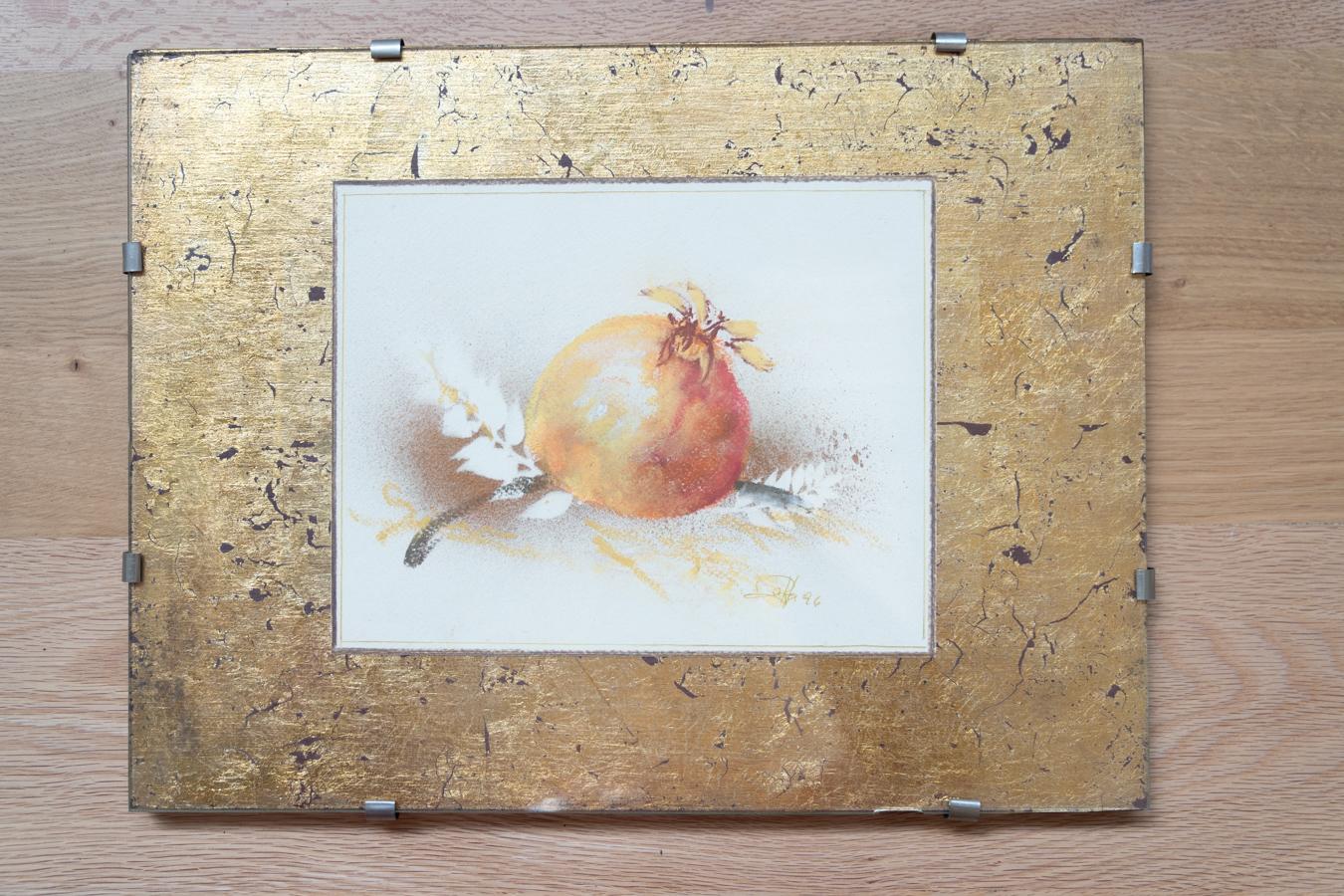 Paire de gravures à l'aquarelle et à la feuille d'or, nature, 1970-1980
COULEUR                                     Orange, marron, noir, jaune, or
MATÉRIAUX                               Verre, bois, feuille d'or
CONDITIONS                         