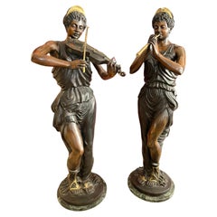 Coppia di Statue flute player and violinist in bronzo 
