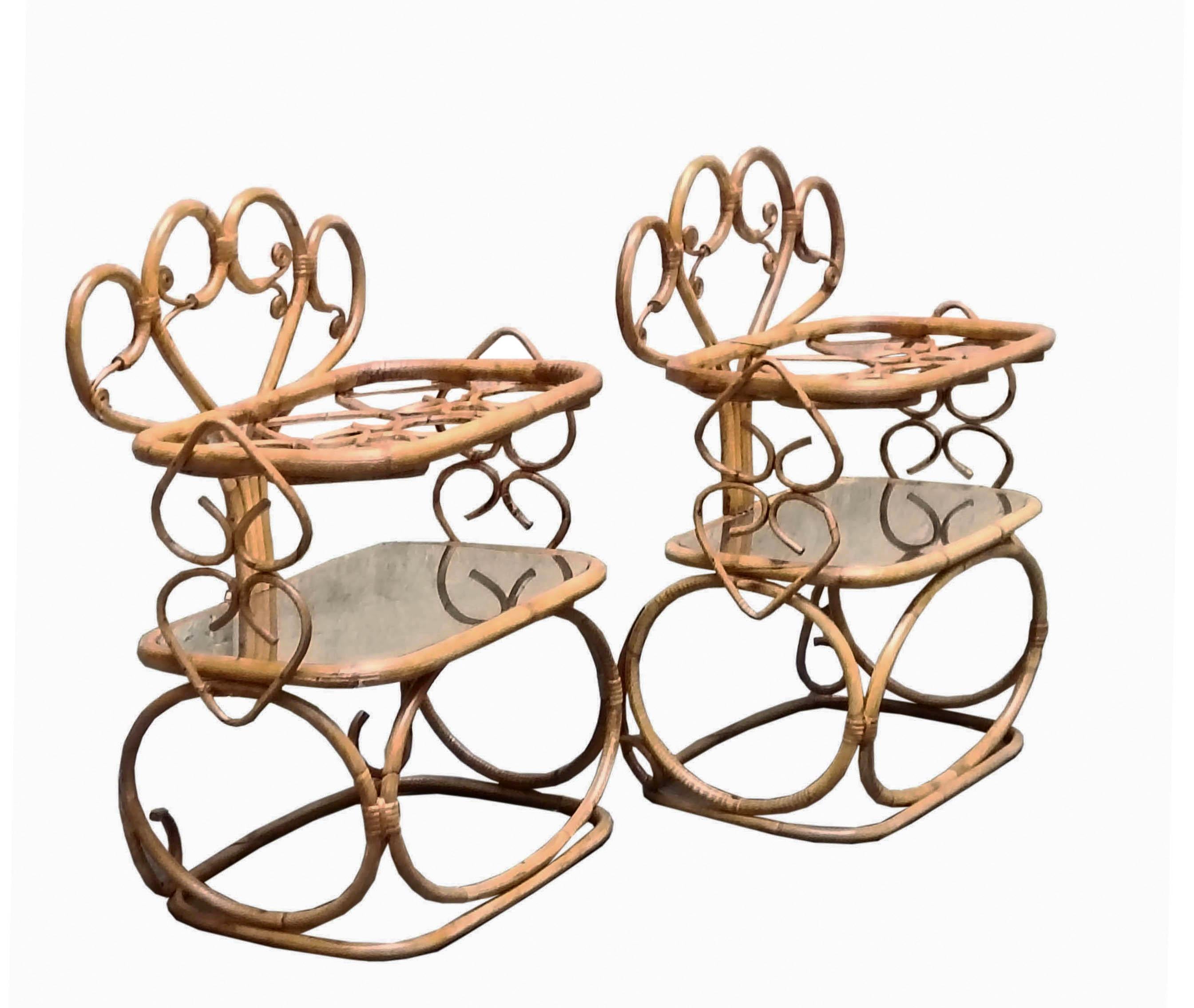 Set of two vintage nightstands. These nightstands express timeless elegance with their refined design. The natural material of bamboo adds warmth and character to the space, while the rectangular brass top lends a touch of modernity and elegance.
