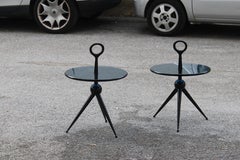 Paire de tables basses rondes en bois et cristal bleu de Cesare Lacca des années 1950