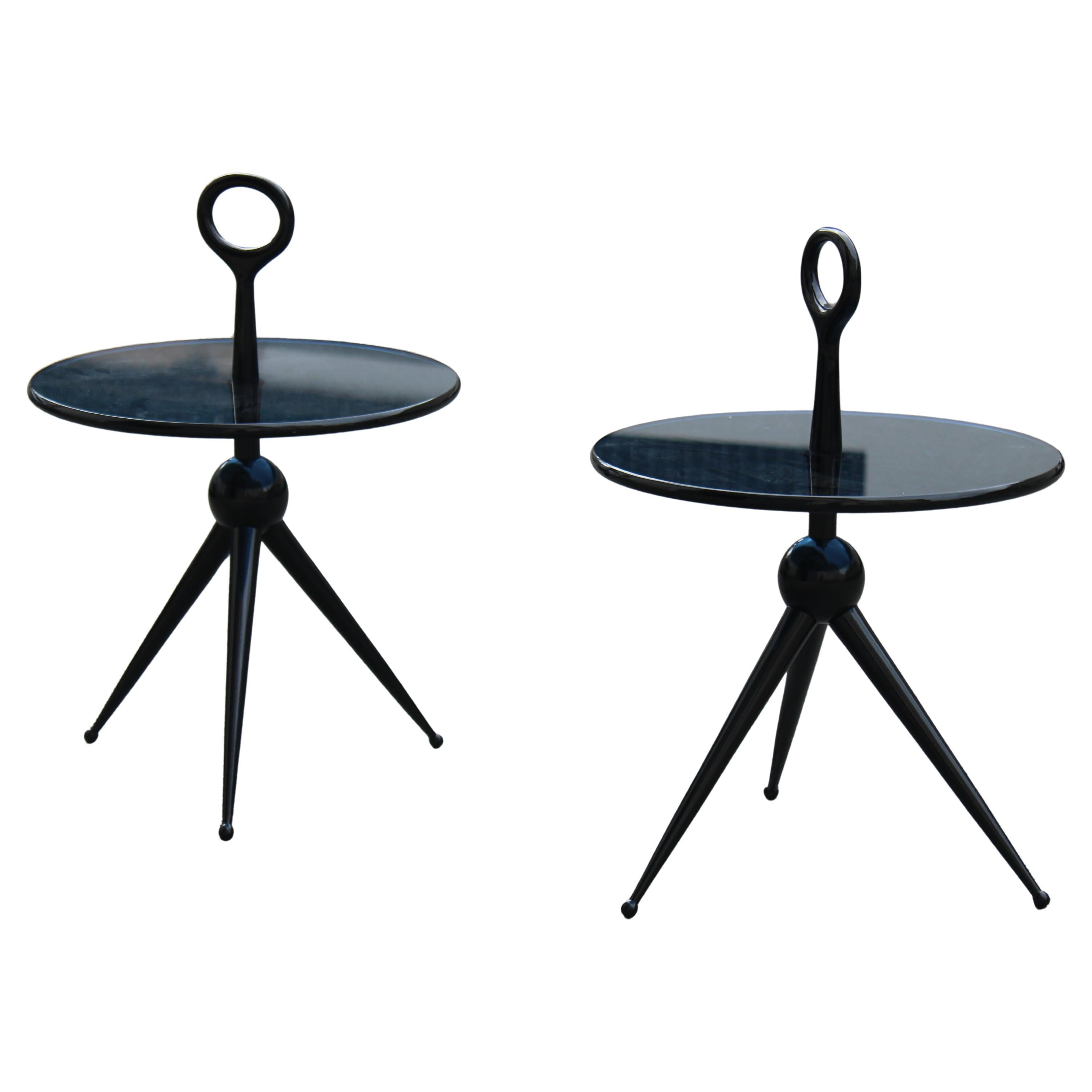 Coppia di Tavolini Rotondi Cesare Lacca 1950 in legno e cristallo Blu en vente