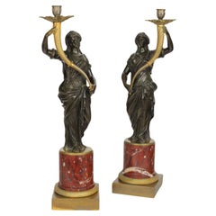Pair of Bronze and Marble Rouge Griotte Torchbearers 