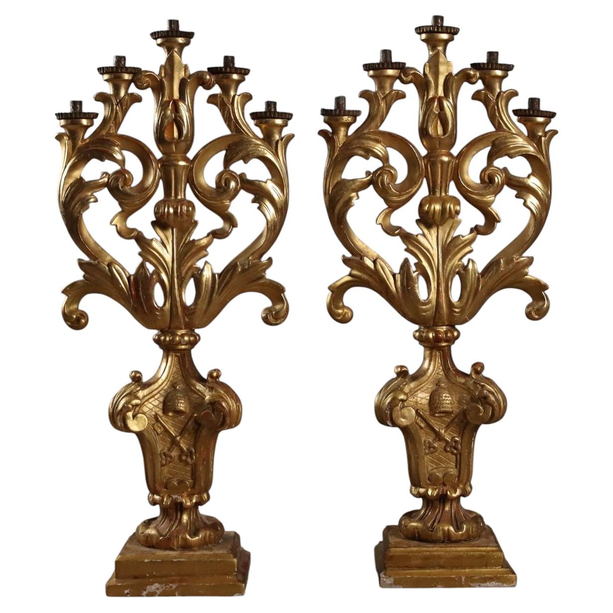 Pair of Gilded Wood Torches with five light points Italy 18th century
