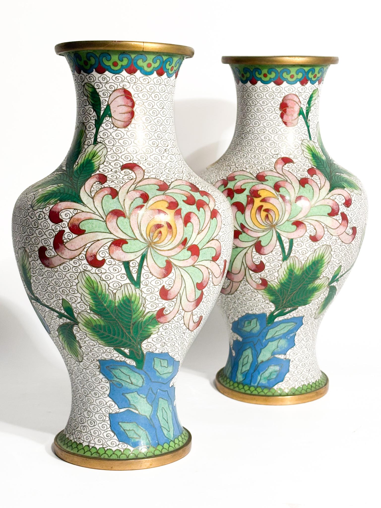 Pair of Chinese Cloisonné Vases with Floral Motifs and Hummingbirds 1950s For Sale 4
