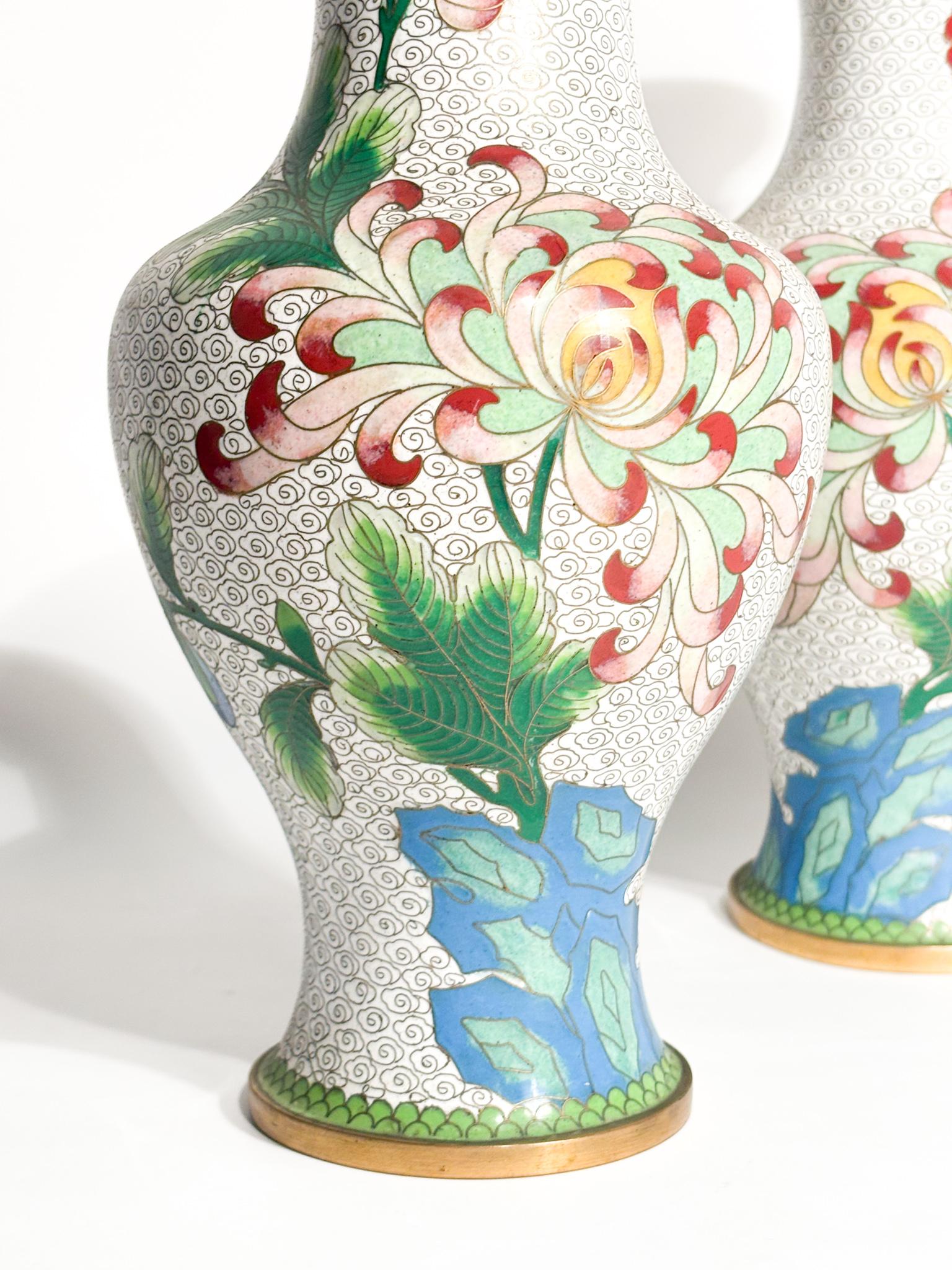 Pair of Chinese Cloisonné Vases with Floral Motifs and Hummingbirds 1950s For Sale 5