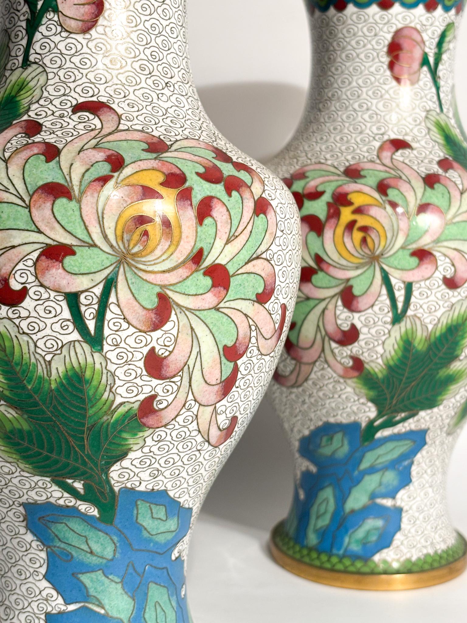 Pair of Chinese Cloisonné Vases with Floral Motifs and Hummingbirds 1950s For Sale 6