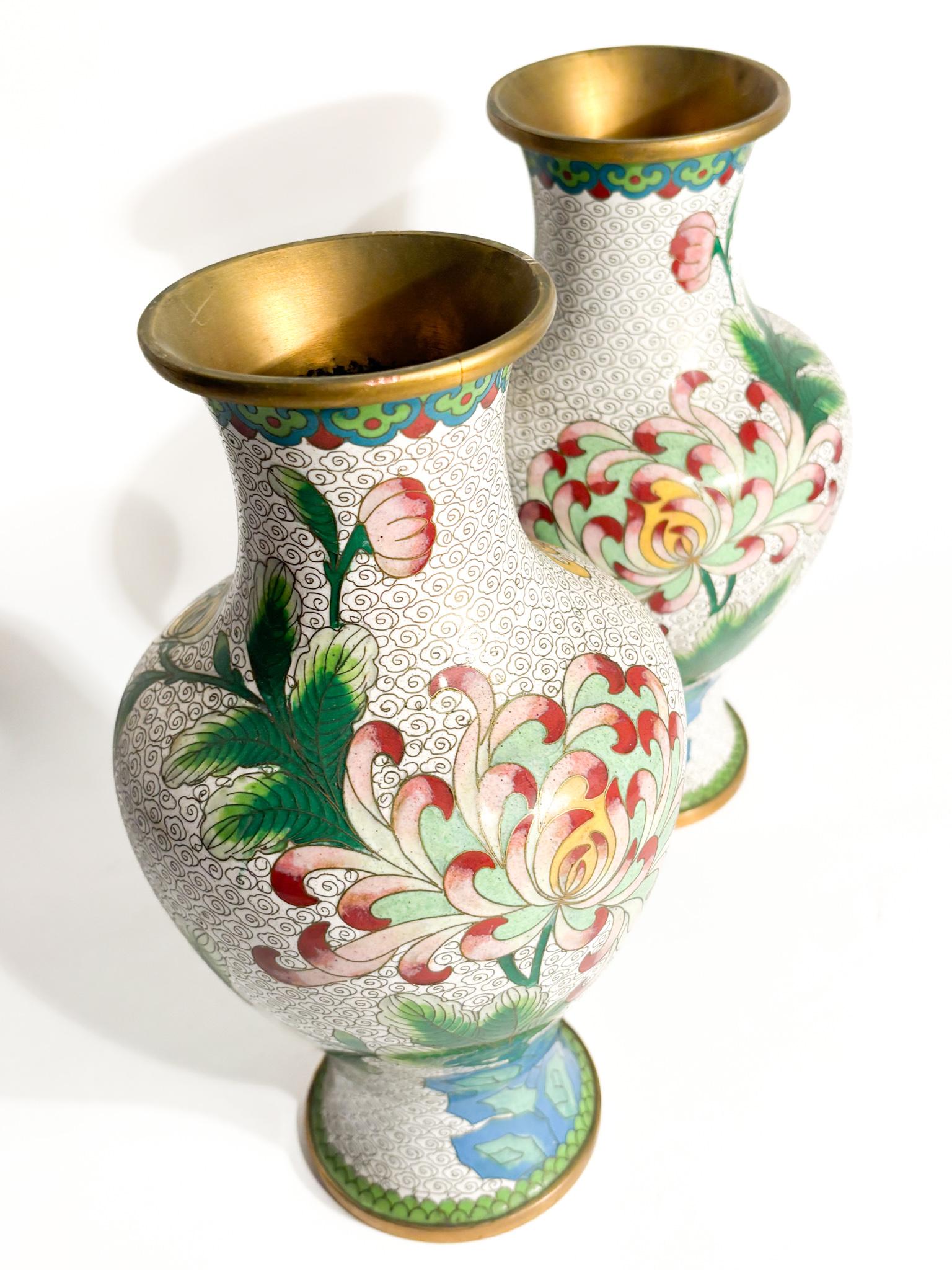 Pair of Chinese Cloisonné Vases with Floral Motifs and Hummingbirds 1950s For Sale 7