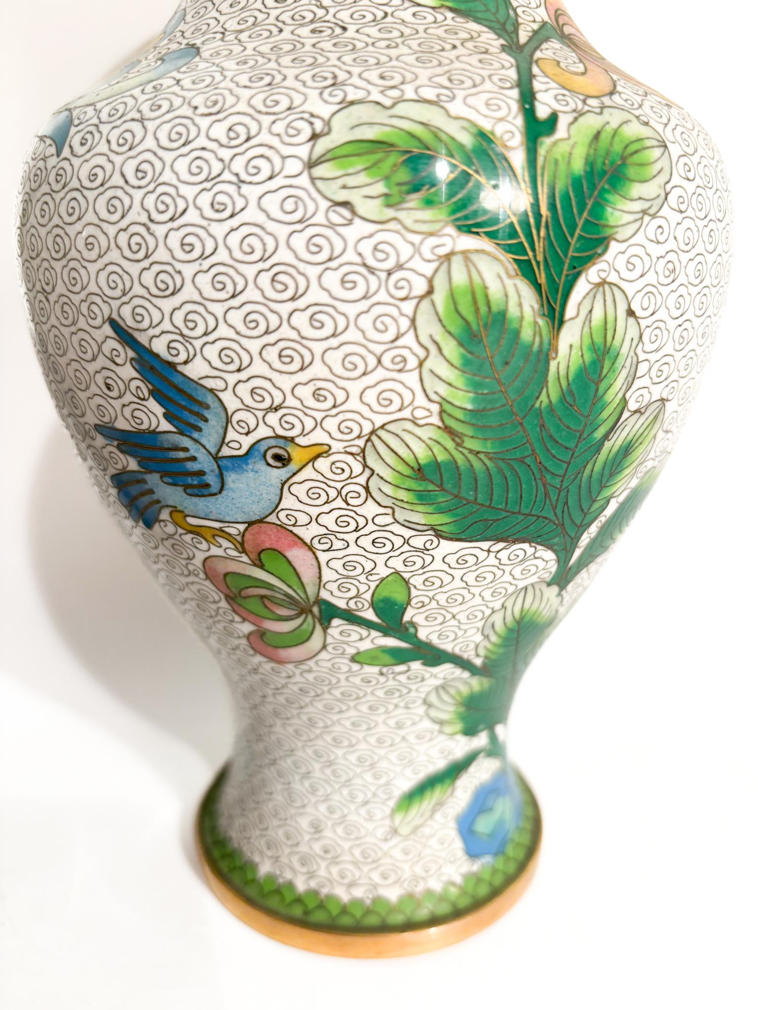 Mid-Century Modern Pair of Chinese Cloisonné Vases with Floral Motifs and Hummingbirds 1950s For Sale