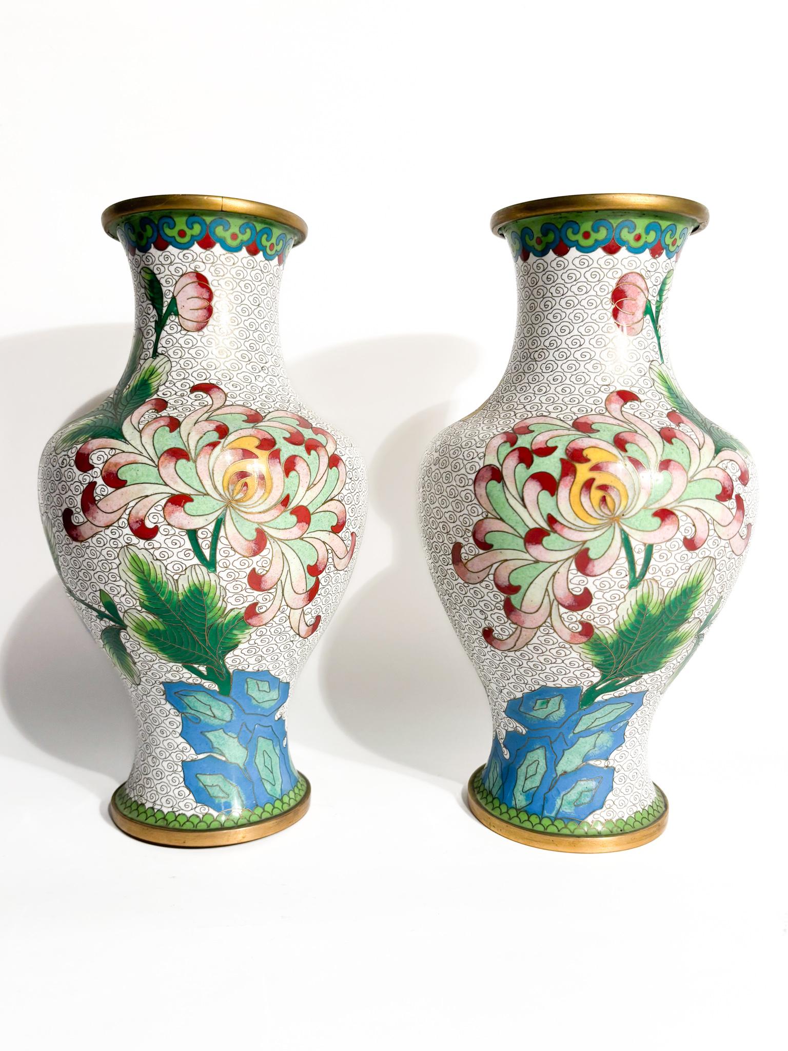 Copper Pair of Chinese Cloisonné Vases with Floral Motifs and Hummingbirds 1950s For Sale