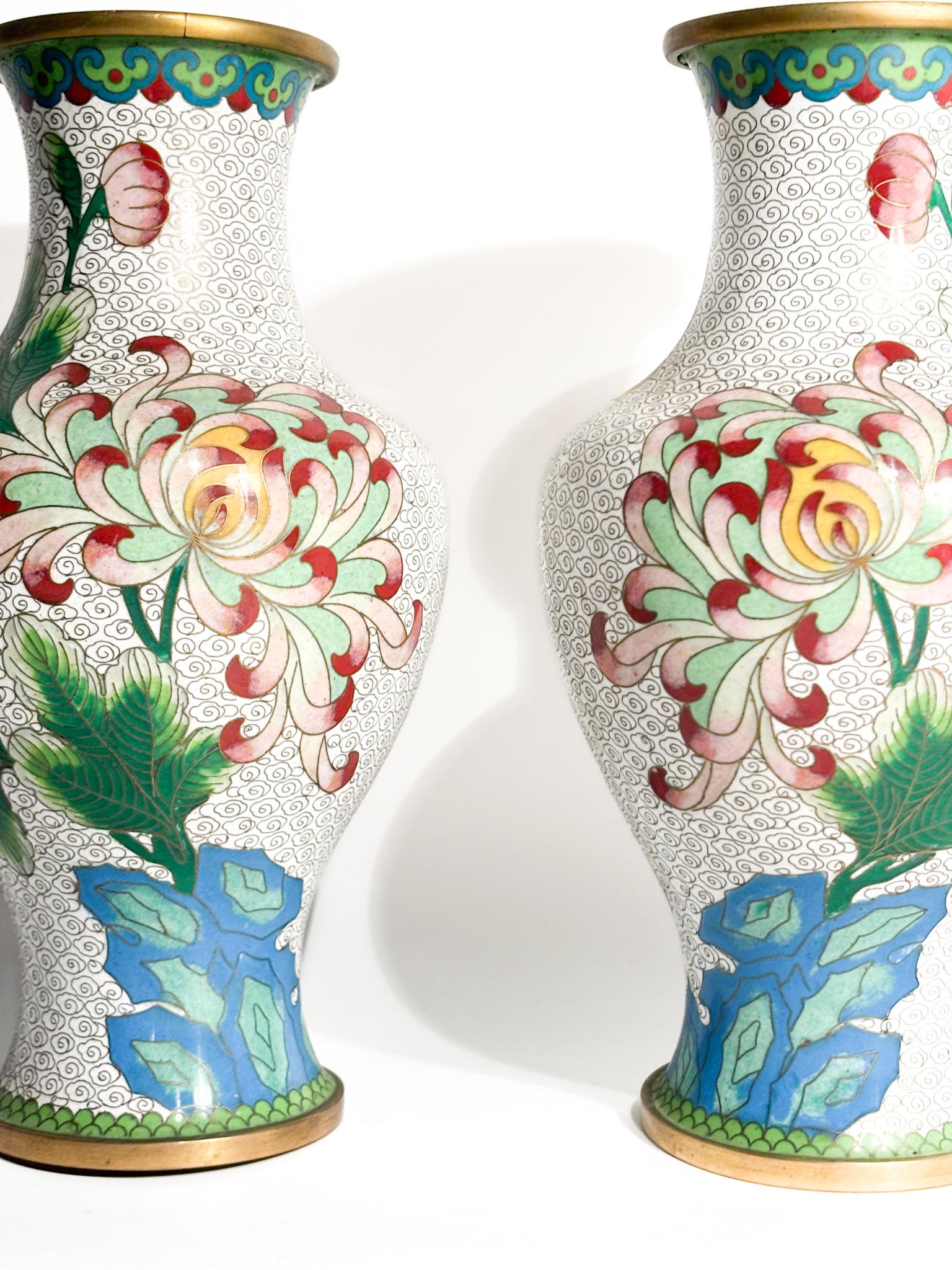 Pair of Chinese Cloisonné Vases with Floral Motifs and Hummingbirds 1950s For Sale 2