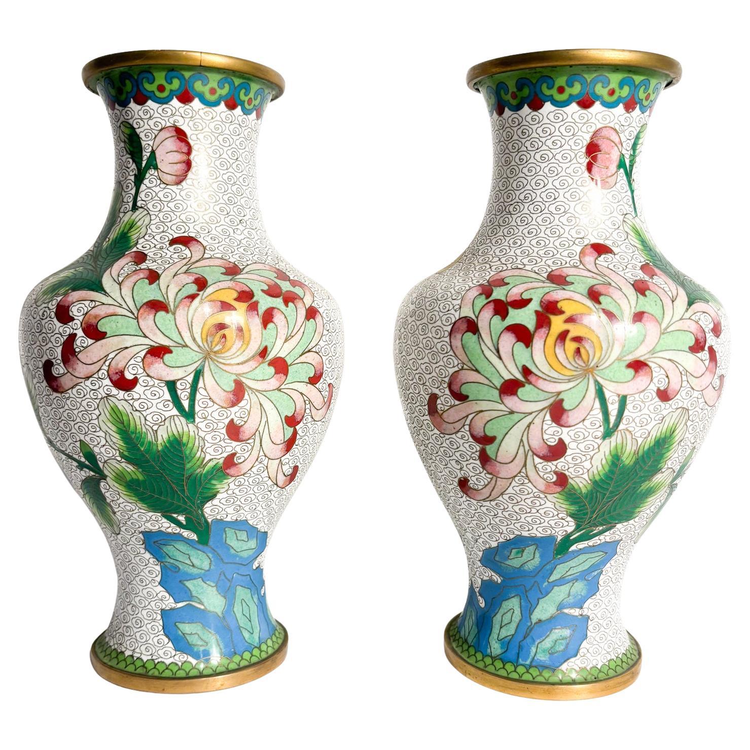 Pair of Chinese Cloisonné Vases with Floral Motifs and Hummingbirds 1950s For Sale