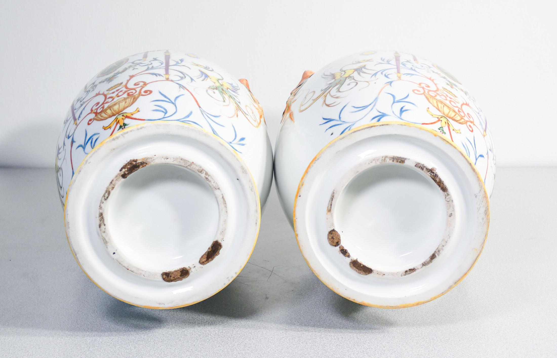 Pair of painted ceramic vases with grotesques, carvings on handles. 1887 For Sale 4
