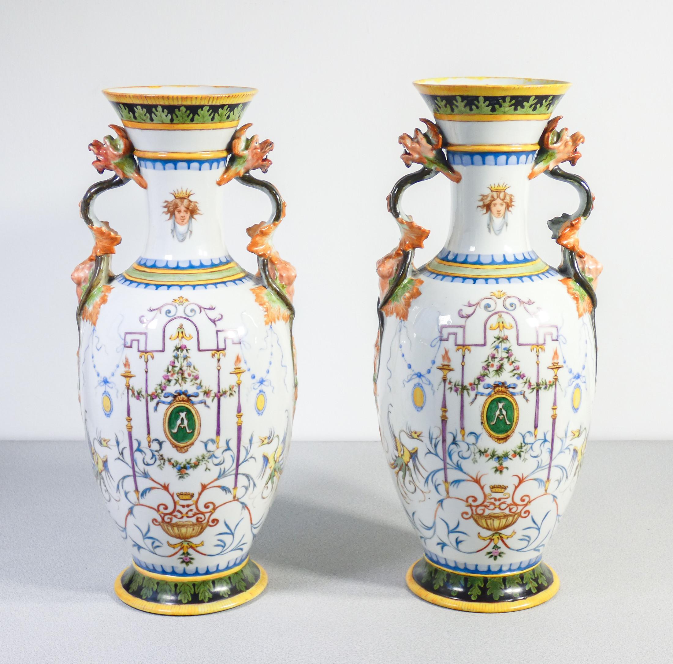Pair of bi-anodized vases
painted ceramic
by hand with grotesques,
sculptures to the handles.
Signed Palmira Andreis.
Italy, 1887

ORIGIN
Italy

PERIOD
1887

AUTHOR
The paintings were
made by Palmira Andreis

MATERIALS
Hand painted
