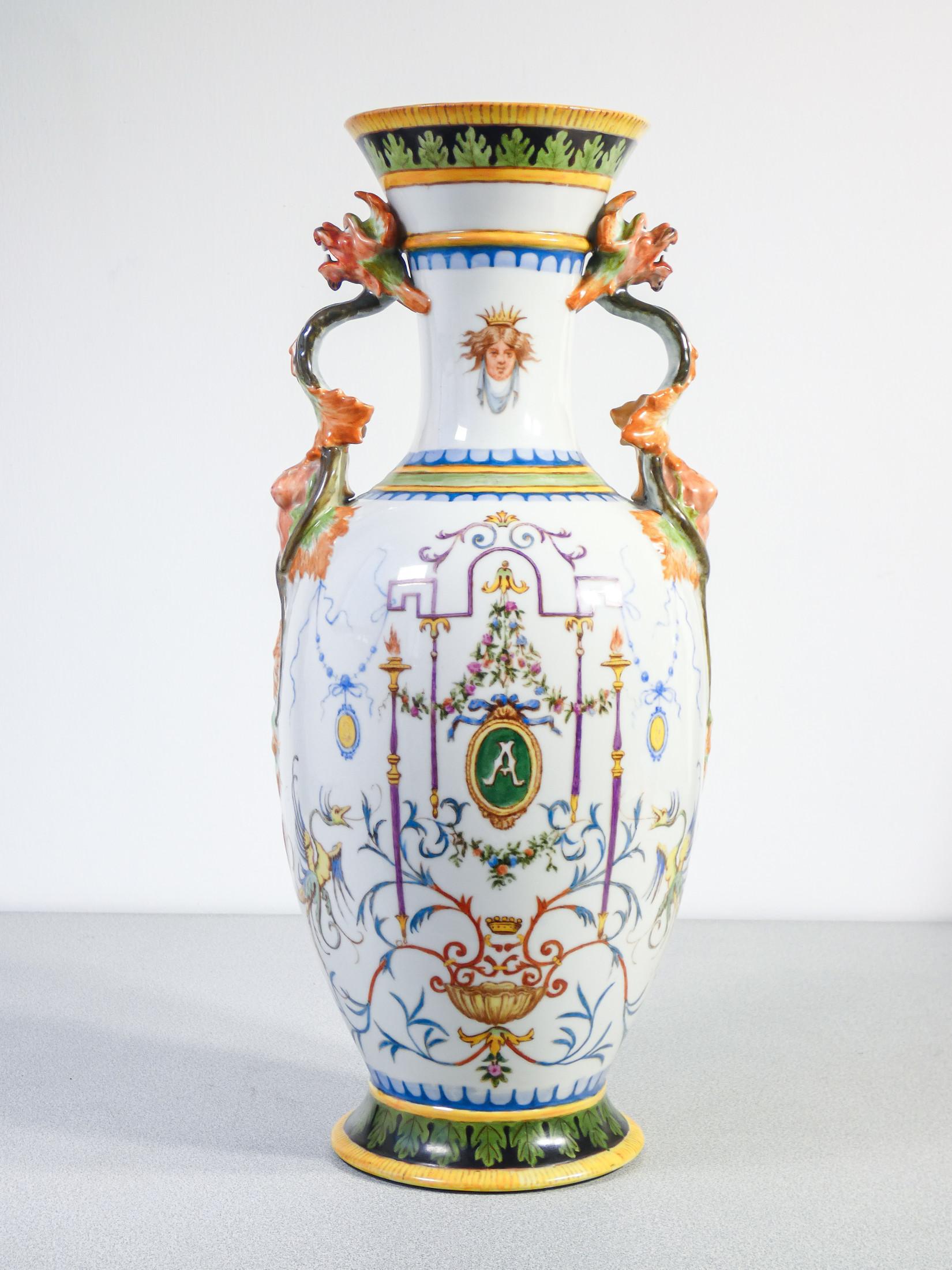 Hand-Painted Pair of painted ceramic vases with grotesques, carvings on handles. 1887 For Sale