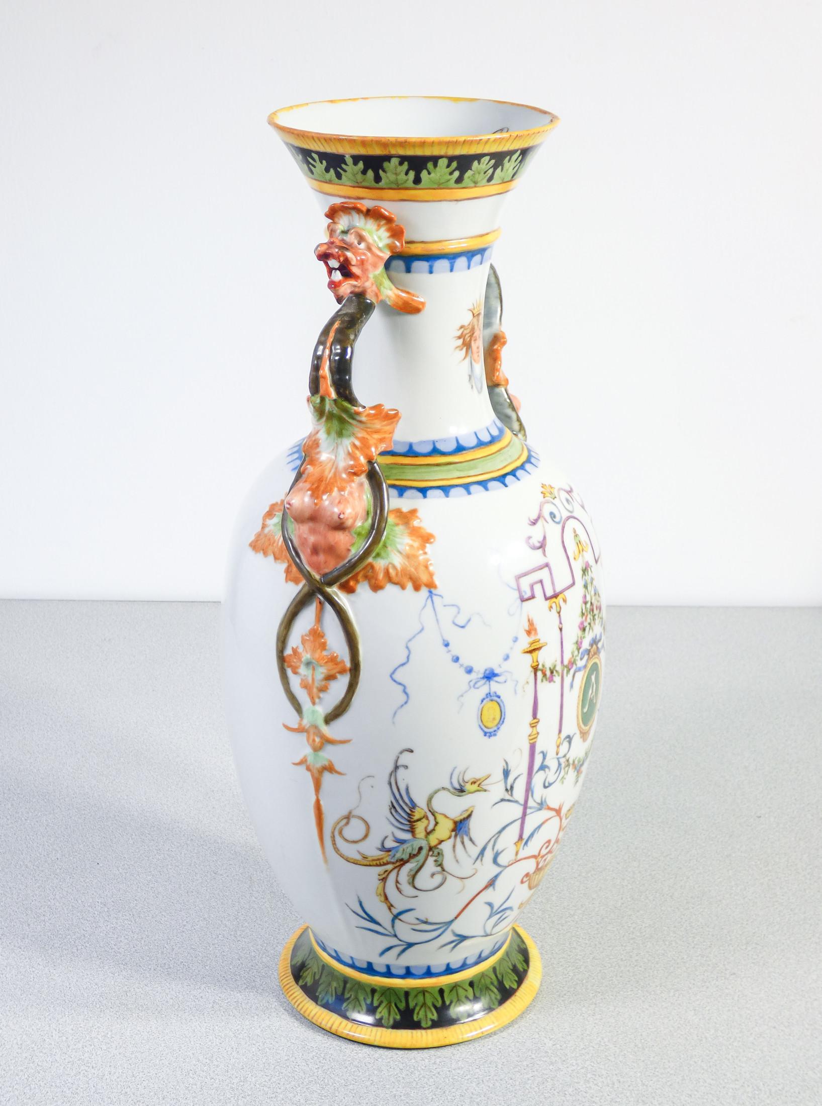 19th Century Pair of painted ceramic vases with grotesques, carvings on handles. 1887 For Sale