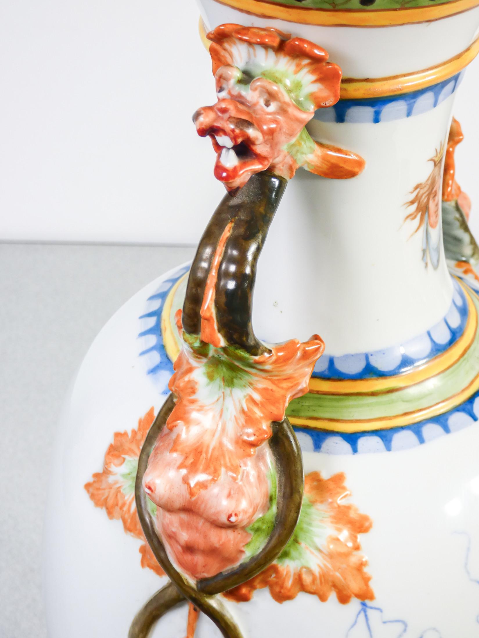 Pair of painted ceramic vases with grotesques, carvings on handles. 1887 For Sale 1