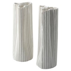 COUPLE PAPERCLAY PORCELAIN VASES white texture embossed stripes - Couple #2