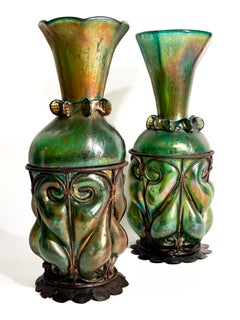 Pair of Loetz Glass and Wrought Iron Vases 1920s