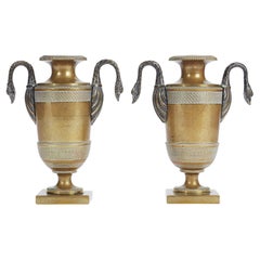 Pair of Italian Empire Bronze Vases with Swan Handles