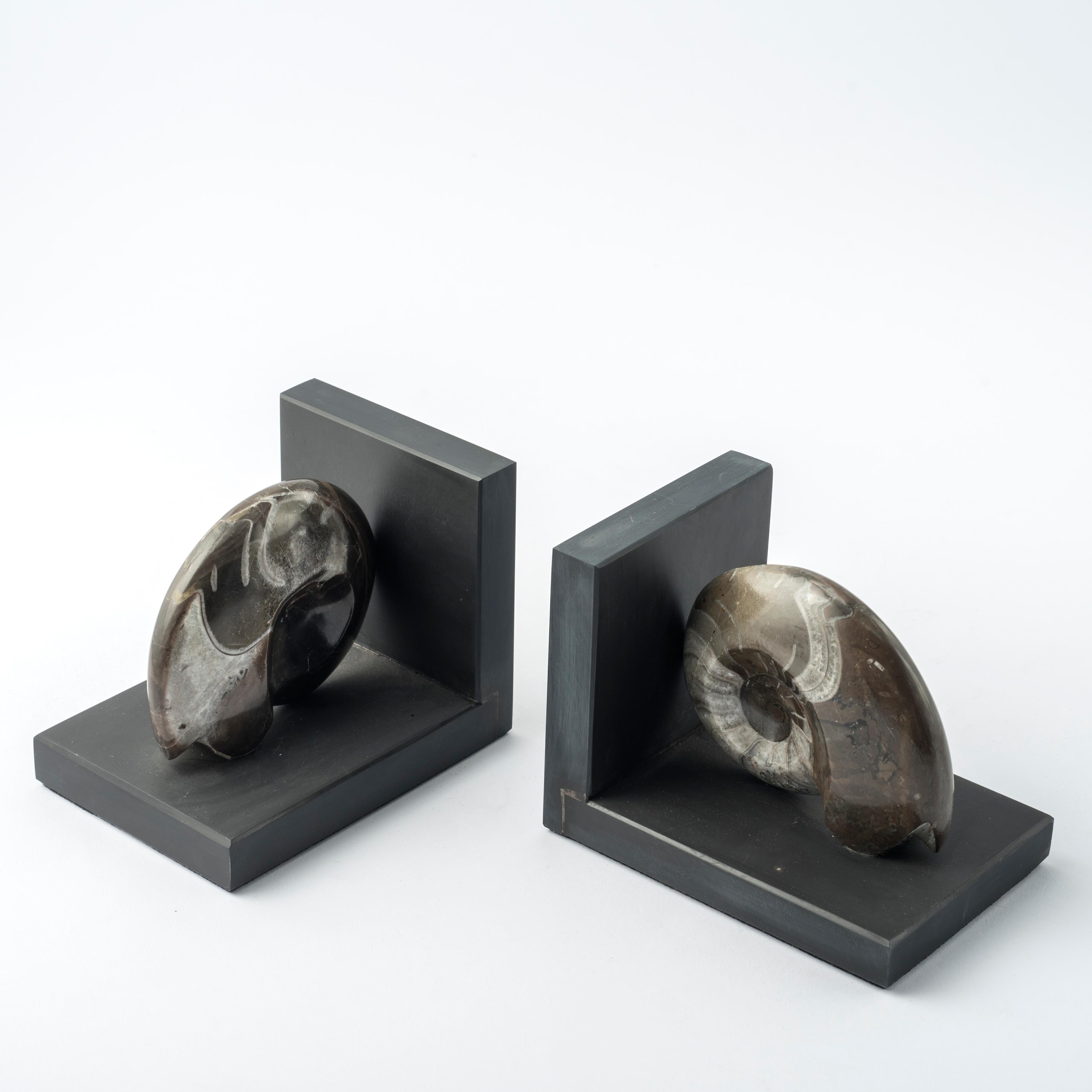 Fait main Paire de serre-livres avec d'authentiques ammonites fossiles - Design exclusif en vente
