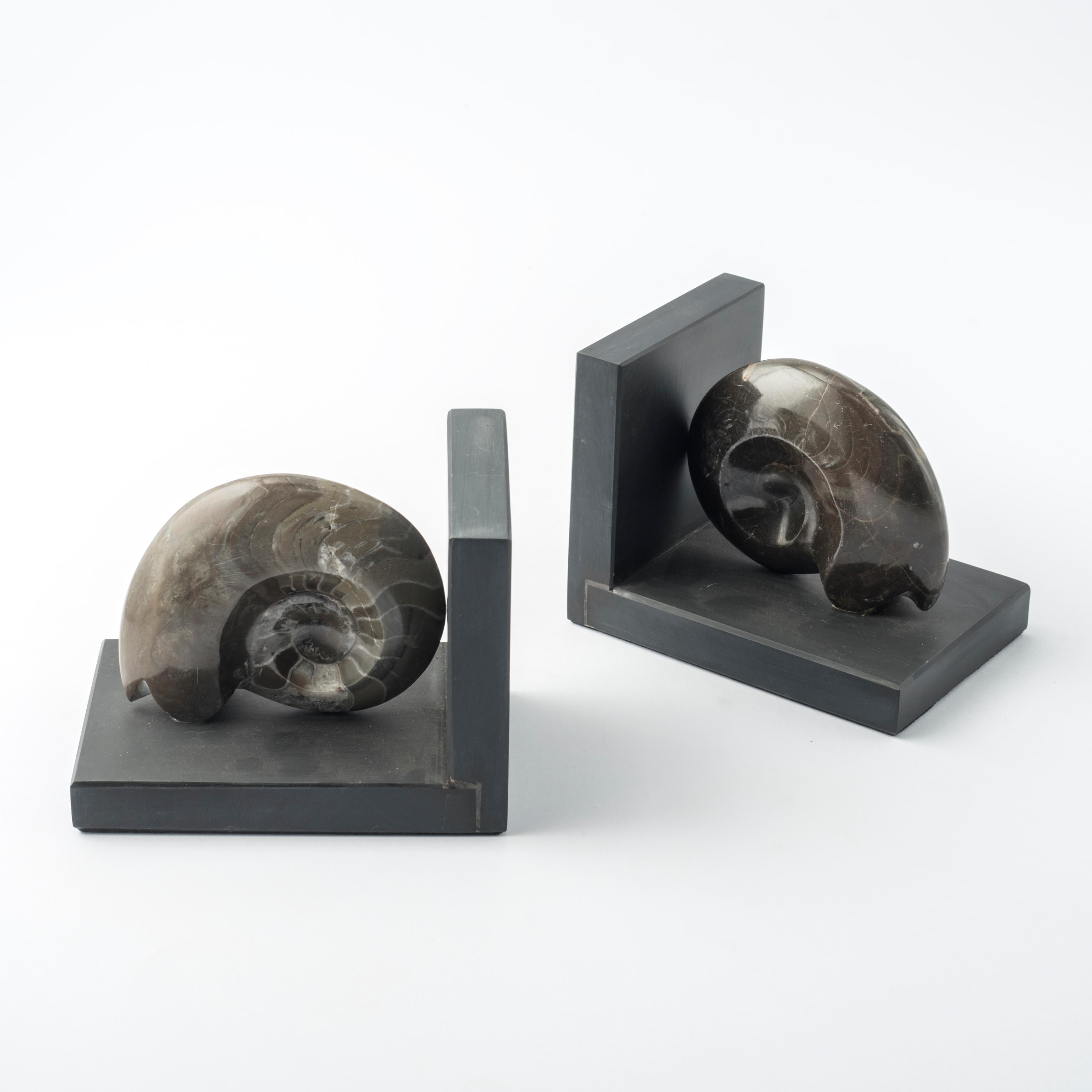 Contemporain Paire de serre-livres avec d'authentiques ammonites fossiles - Design exclusif en vente