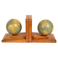 Coppia fermalibri legno di rovere con due piccoli globi TL Globe Hollande 1930