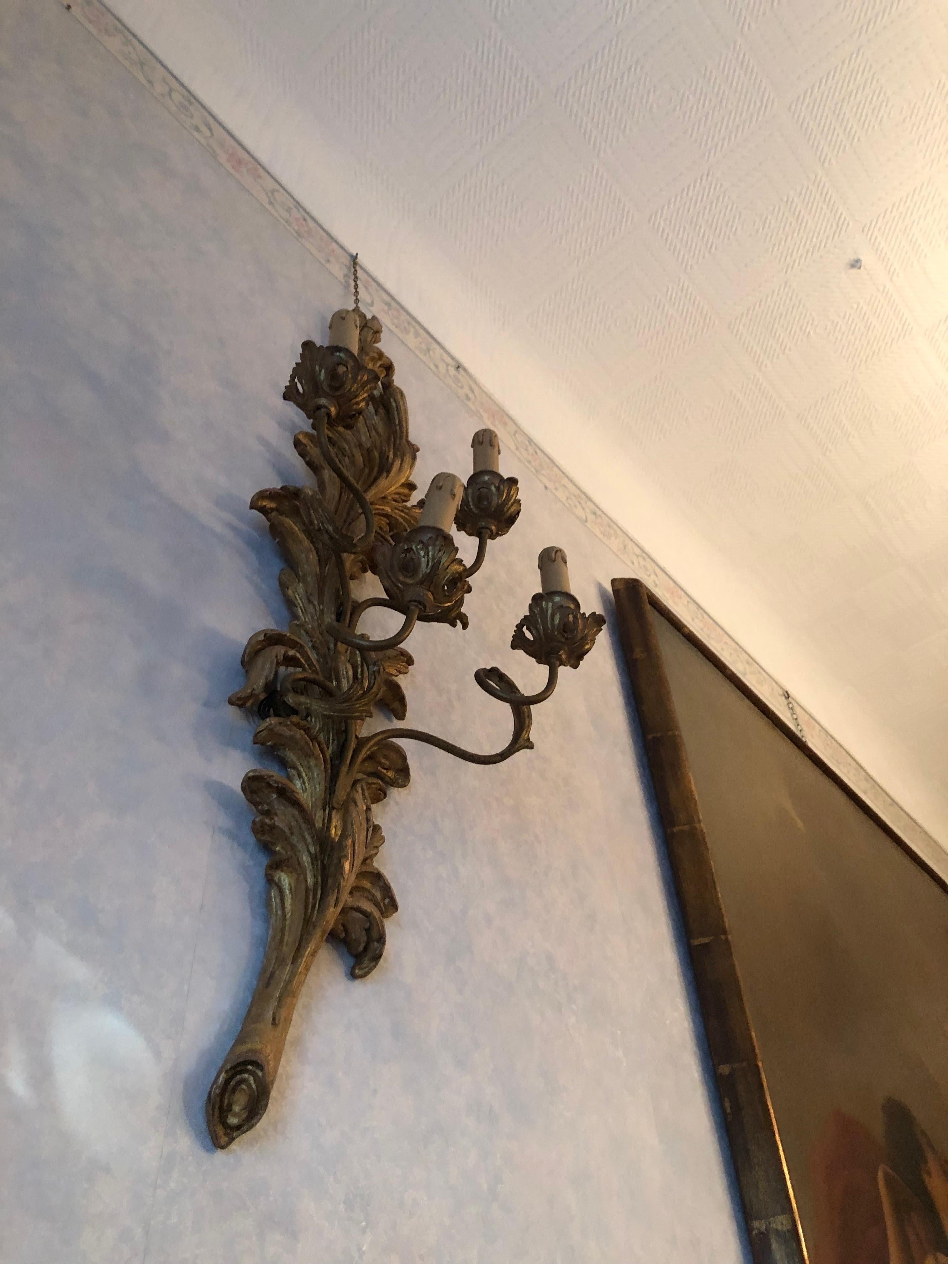 Coppia Grandi Appliques Fiorentine Intaglio Rocaille Luigi XV Legno Dorato 1990 For Sale 2