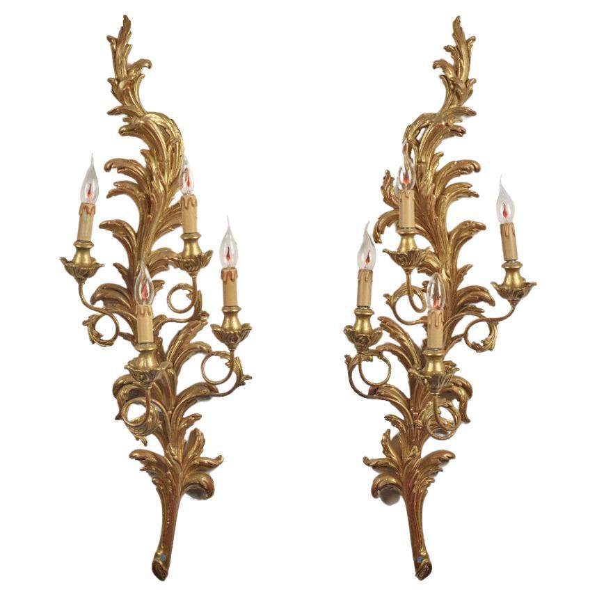 Pair Large Florentine Appliques Intaglio Rocaille Gilded Wood 1990  For Sale