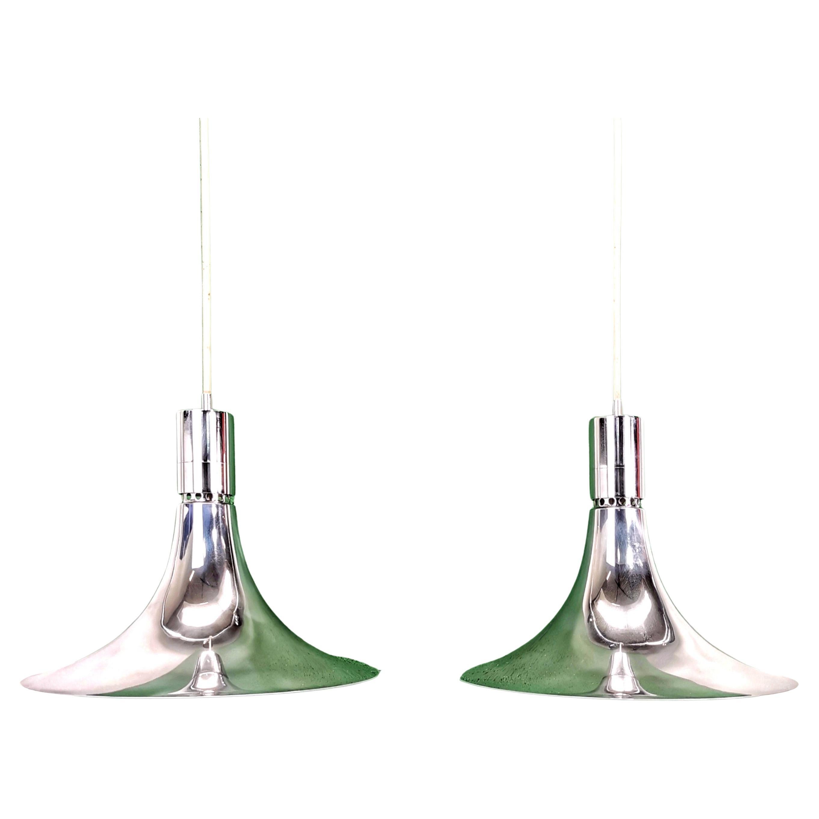 Pair of AM/AS Franco Albini chandeliers for Sirrah 1960's chrome version For Sale