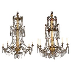 Pair Mid-19th Century Chandeliers in gilded iron and crystal drops