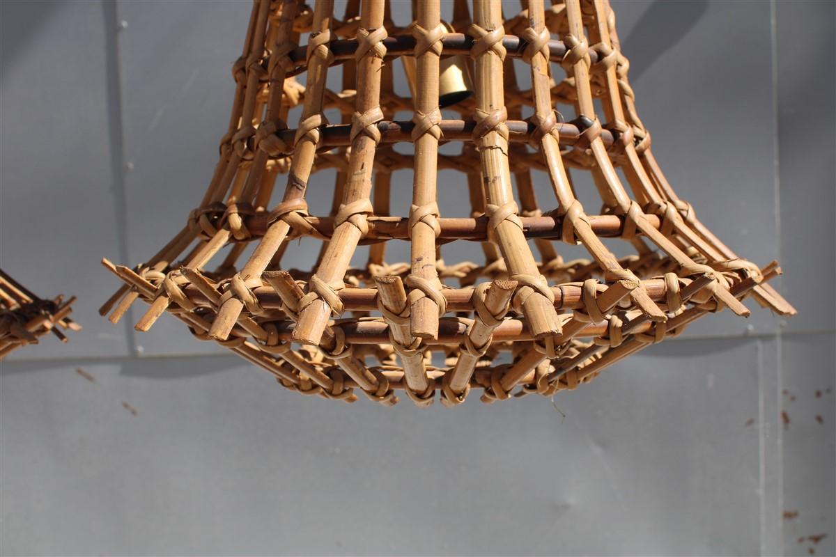 Pair Chandelier  Mid-century Bambù intertwined Italia 1950s Albini Style Brass 1
