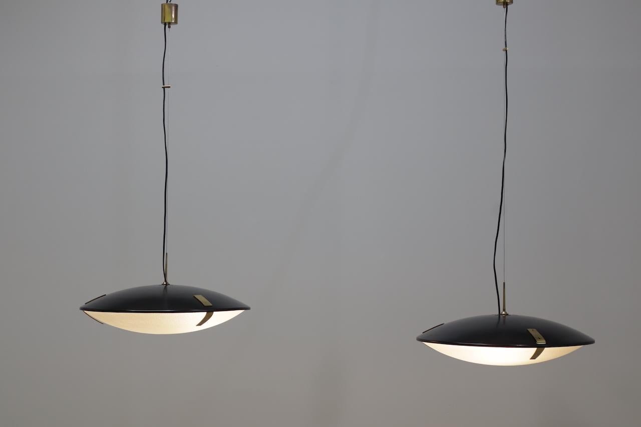 Pair Stilnovo pendant lamps model 1140 aluminum, brass and glass 60' For Sale 5