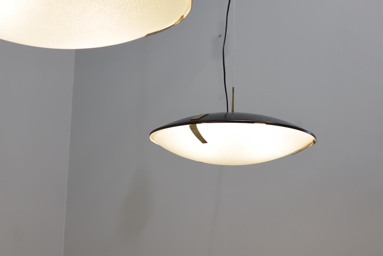 Aluminum Pair Stilnovo pendant lamps model 1140 aluminum, brass and glass 60' For Sale