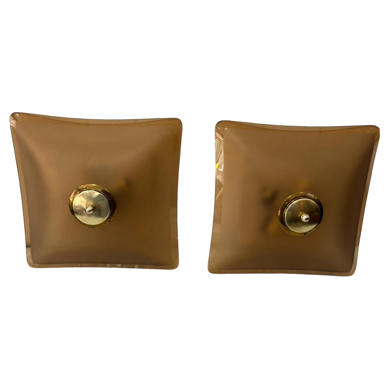 Coppia Lampade da parete o da incasso in vetro satinato fumè e ottone anni 
60 en venta