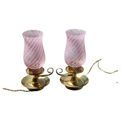Coppia Piccole Lampada da Comodino Dino Martens per Toso 1950 Murano Rosa Ottone