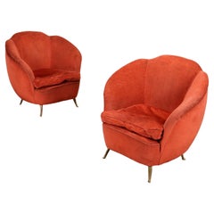 Pair of 1950s Armchairs, velvet, coral color