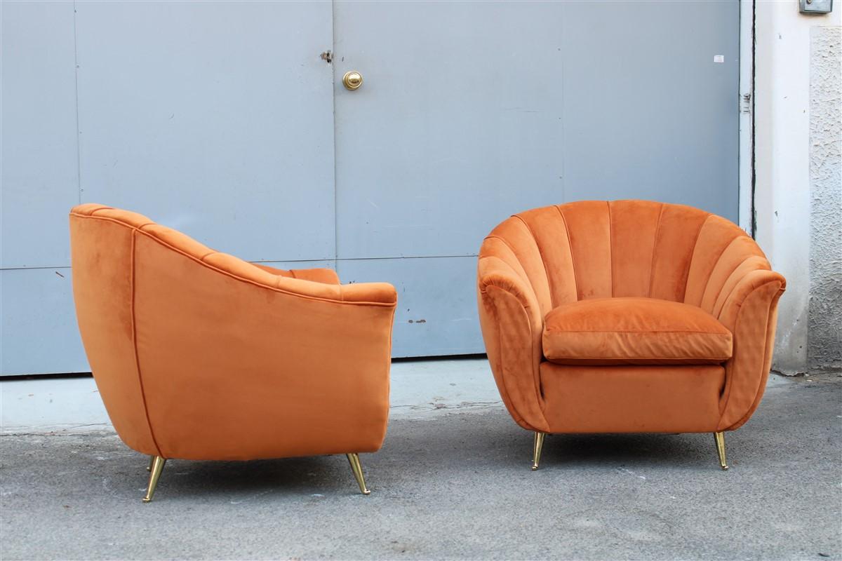 Pair of Isa Bergamo Armchairs in Orange velvet and Brass feet period 1940/50  the artistic director  was Gio ponti in those years. Totally restored .