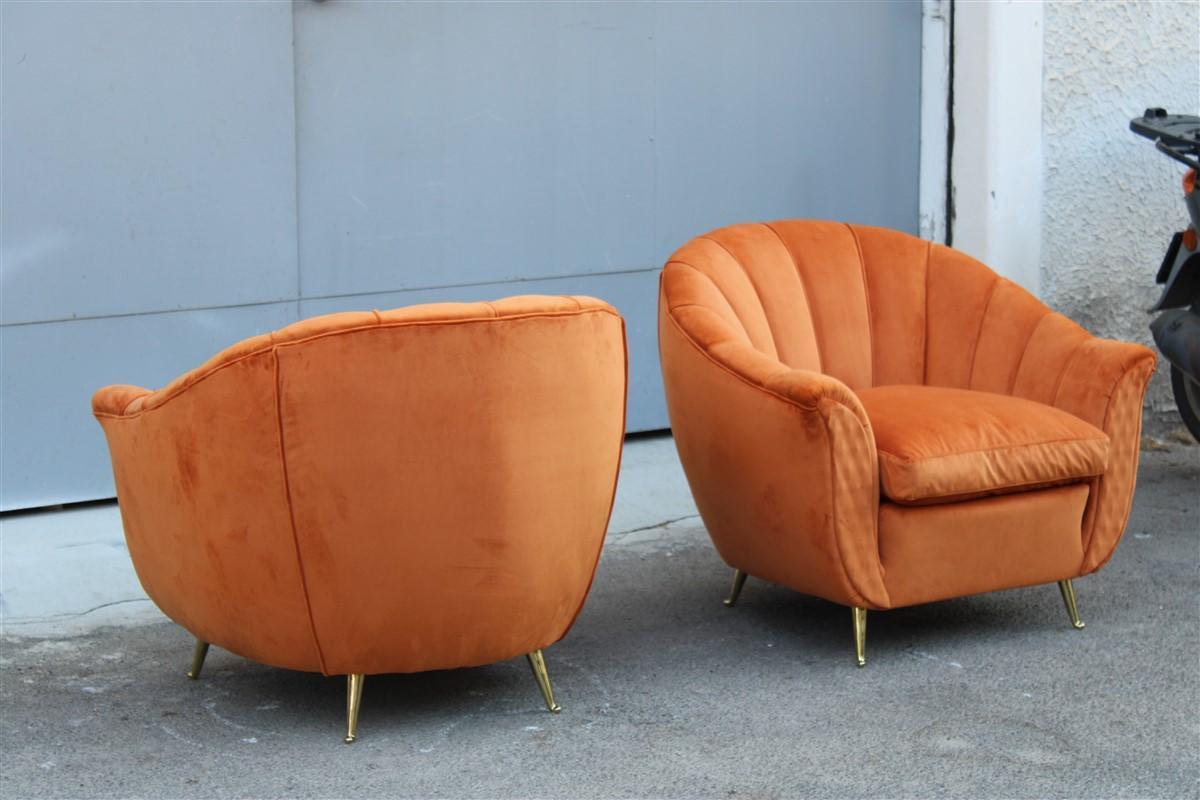 Pair of Mid-century Italian Armchairs Isa Bergamo Gio Ponti Style Orange Brass For Sale 1