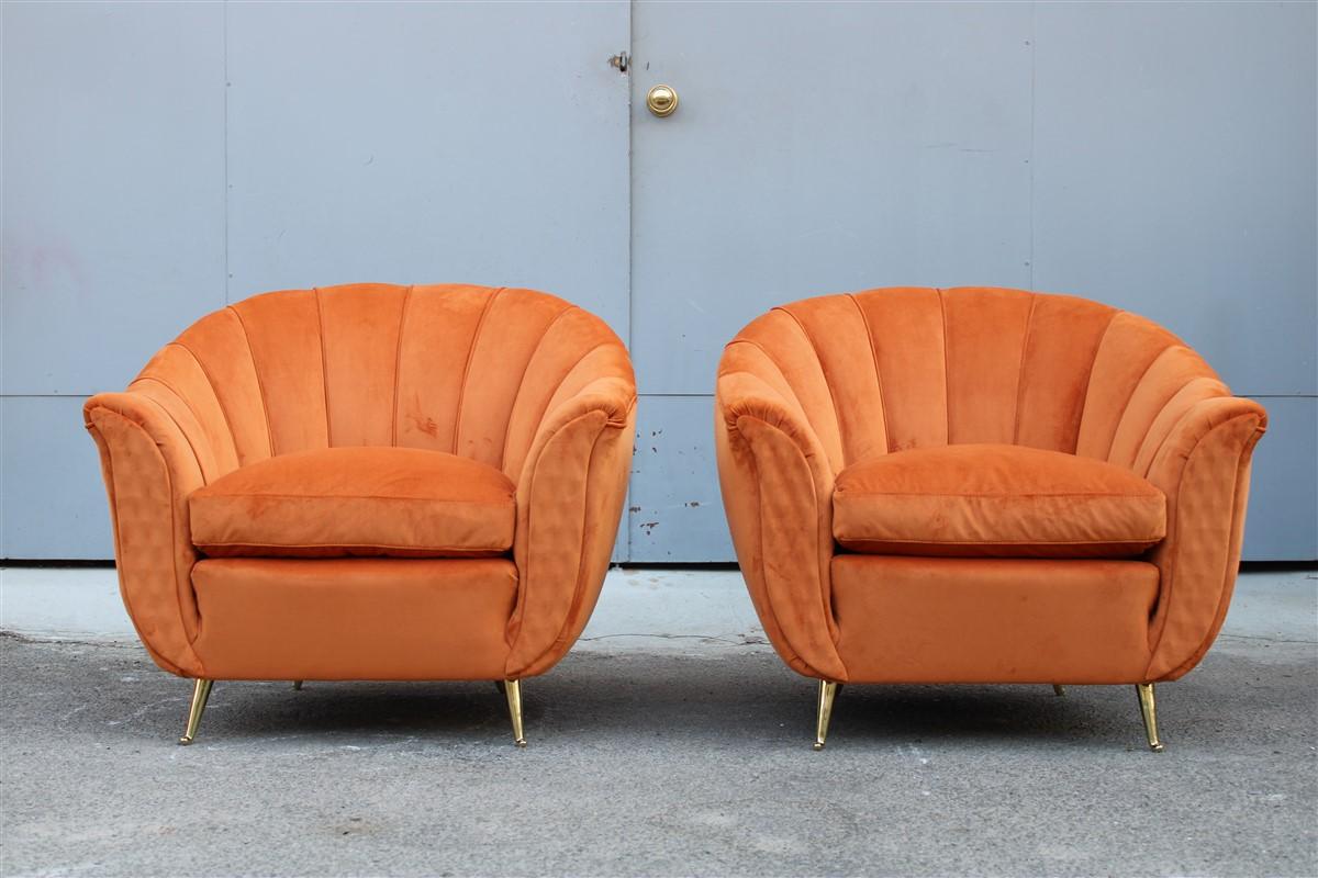 Pair of Mid-century Italian Armchairs Isa Bergamo Gio Ponti Style Orange Brass For Sale 2