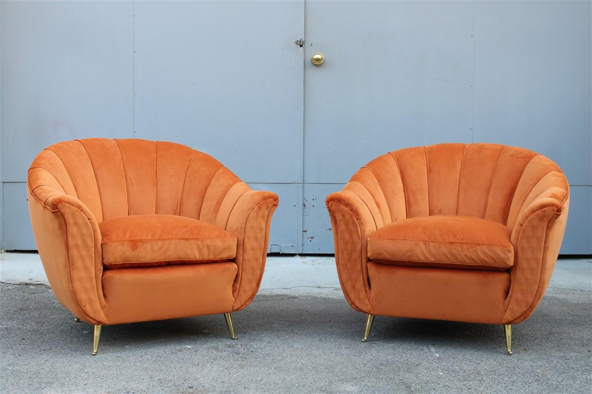 Pair of Mid-century Italian Armchairs Isa Bergamo Gio Ponti Style Orange Brass For Sale 3